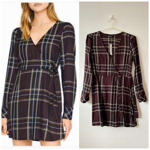 NWT Sanctuary Brown Long Sleeve Mini Faux-Wrap Dress w/ Plaid Print